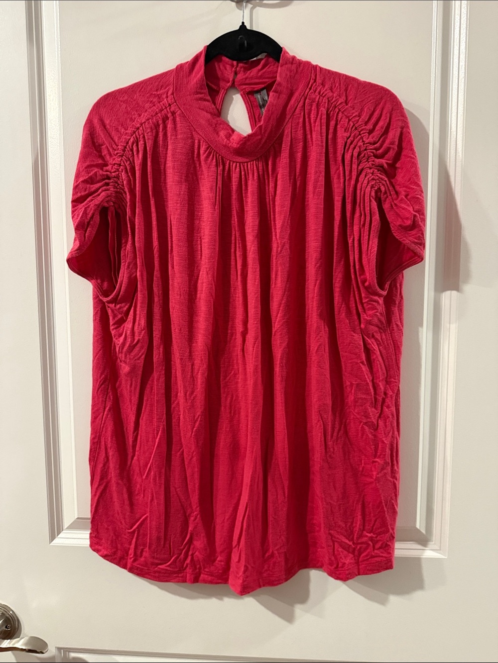 Anthropologie Hot Pink Short-Sleeve Gathered Neck Blouse